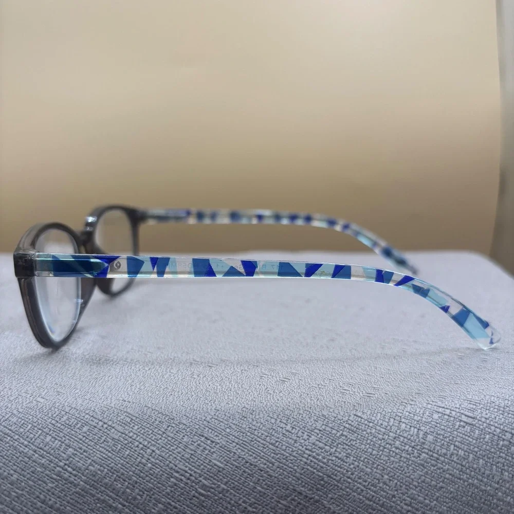 Blue Geo 117 Reading Glasses +1.75 Strength Smoke Grey Round Frames PD58MM